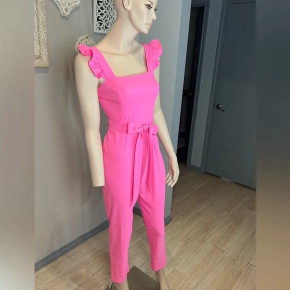 Lilly Pulitzer Women's Pink Ruffle-Shoulder Jumpsuit with Waist Tie - Picture 4 of 11